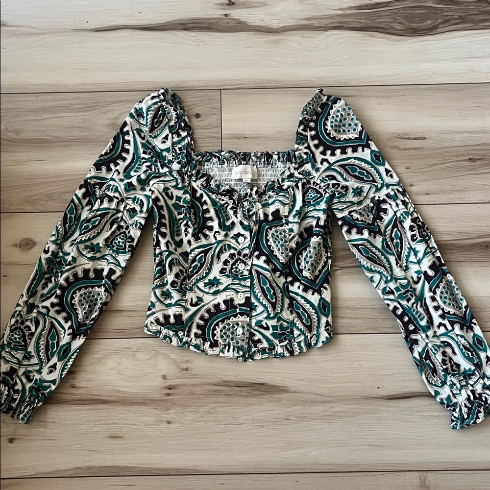Love the Label 100% Cotton Green Paisley Sweetheart Neck Long Sleeve Crop Top
